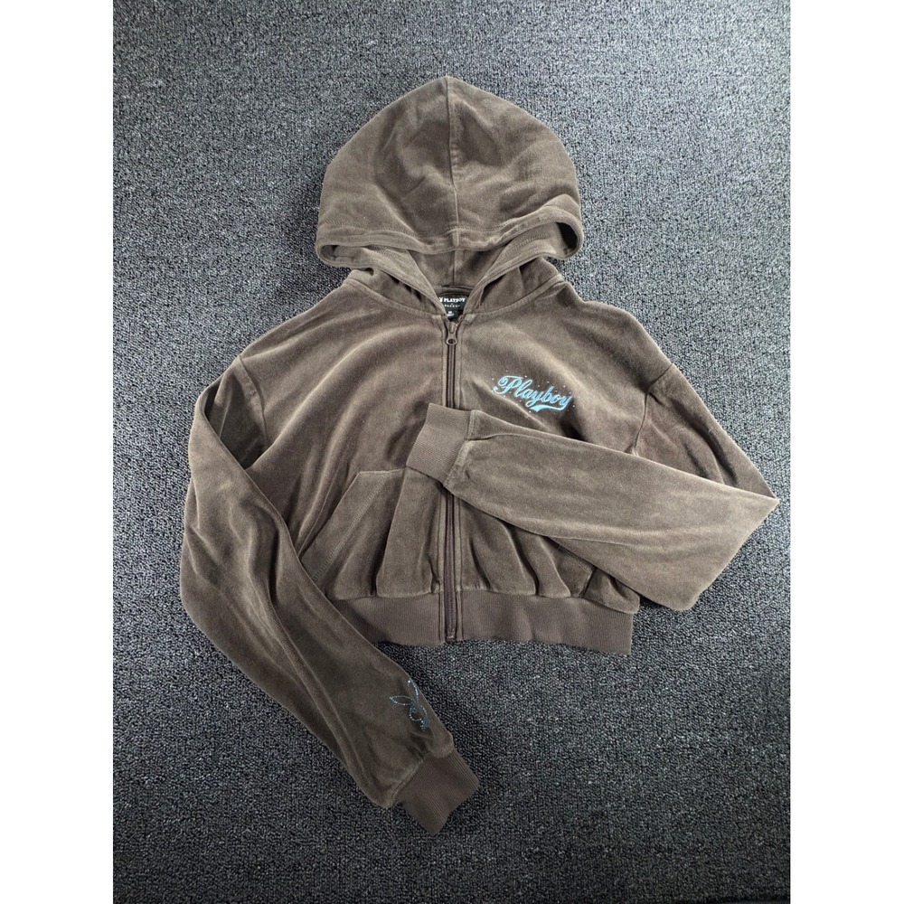 Playboy by PacSun Brown Velour Cropped Zip Up Hoodie Womens M Rhinestone Logo